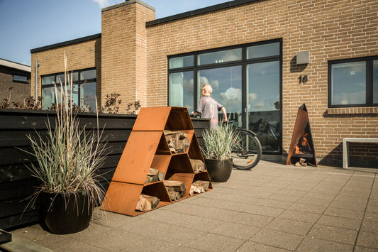 Trapezoidal and Hexagon Wood Storage in Corten Steel - Hexagon in Corten Steel